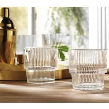 Glaver's Ribbed Drinking Glasses Set of 4, 11 oz, Rocks Whiskey Glasses Stylish Modern Vintage Short Origami Clear Water Glass Cups for Juice, Whiskey, Beverages. Stackable
