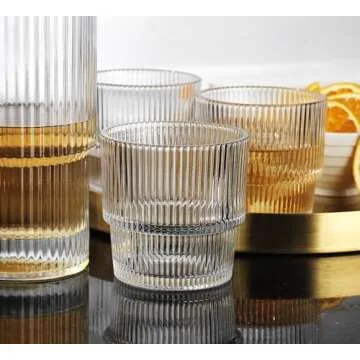 Glaver's Ribbed Drinking Glasses Set of 4, 11 oz, Rocks Whiskey Glasses Stylish Modern Vintage Short Origami Clear Water Glass Cups for Juice, Whiskey, Beverages. Stackable