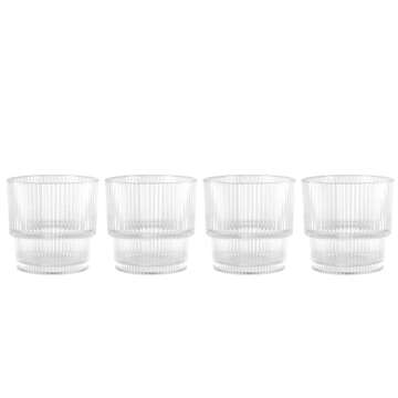 Glaver's Ribbed Drinking Glasses Set of 4, 11 oz, Rocks Whiskey Glasses Stylish Modern Vintage Short Origami Clear Water Glass Cups for Juice, Whiskey, Beverages. Stackable