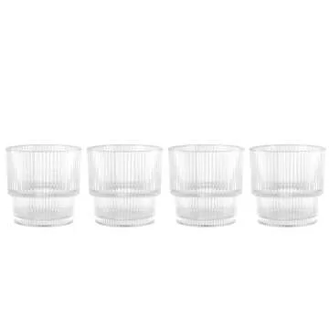 Glaver's Ribbed Drinking Glasses Set of 4, 11 oz, Rocks Whiskey Glasses Stylish Modern Vintage Short Origami Clear Water Glass Cups for Juice, Whiskey, Beverages. Stackable