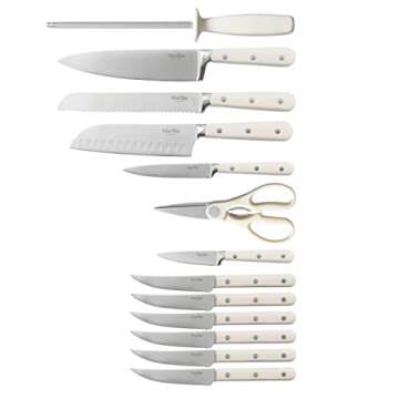 Martha Stewart Ruxton 14 Piece High Carbon Stainless Steel Cutlery Knife Block Set w/ABS Triple Riveted Forged Handle Ashwood Block - Linen