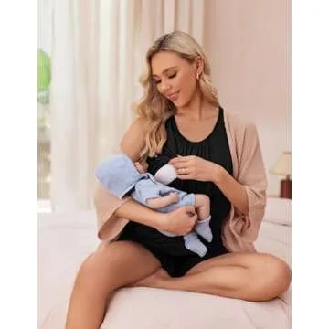 Ekouaer Nursing Pajamas Set for Women Breastfeeding Sleeveless Pregnancy Sleepwear Double Layer Maternity Pj Black M