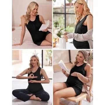 Ekouaer Nursing Pajamas Set for Women Breastfeeding Sleeveless Pregnancy Sleepwear Double Layer Maternity Pj Black M