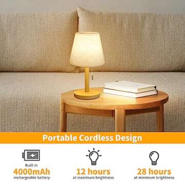 Tulbeys Table Lamp 3-Way Dimmable Nightstand Lamp for Bedroom, Off White Linen Waterproof Lampshade & Wood Base Indoor Outdoor Lamps | 4000mAh Battery | Small Lamp for Living Room, Patio, Home Decor