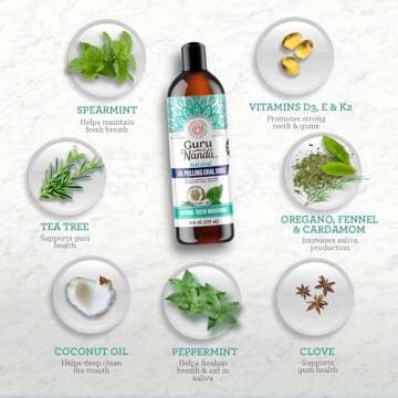 GuruNanda Coconut & Mint Oil Pulling with Tongue Scraper & Teeth Whitening Strips - 7 Treatments wit...