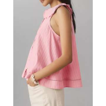 Womens Peter Pan Collar Sleeveless Shirt Summer Eyelet Cotton Button Down Tank Tops Casual Ruffle Flowy Blouse Vest Light Pink