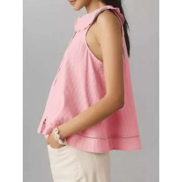 Womens Peter Pan Collar Sleeveless Shirt Summer Eyelet Cotton Button Down Tank Tops Casual Ruffle Flowy Blouse Vest Light Pink
