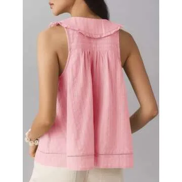 Womens Peter Pan Collar Sleeveless Shirt Summer Eyelet Cotton Button Down Tank Tops Casual Ruffle Flowy Blouse Vest Light Pink