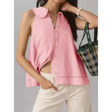 Womens Peter Pan Collar Sleeveless Shirt Summer Eyelet Cotton Button Down Tank Tops Casual Ruffle Flowy Blouse Vest Light Pink