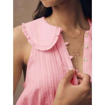 Womens Peter Pan Collar Sleeveless Shirt Summer Eyelet Cotton Button Down Tank Tops Casual Ruffle Flowy Blouse Vest Light Pink