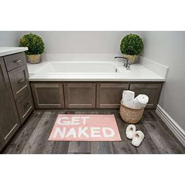 LABEND HOME Get Naked Bath Mat Rug - Shower Curtain Set - Funny Peach Bathroom Decor Signs Rugs - Cute Fun Bath Mat - Bathroom Accessories - Washable (Pink)