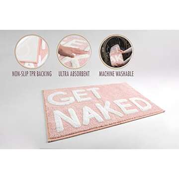 LABEND HOME Get Naked Bath Mat Rug - Shower Curtain Set - Funny Peach Bathroom Decor Signs Rugs - Cute Fun Bath Mat - Bathroom Accessories - Washable (Pink)