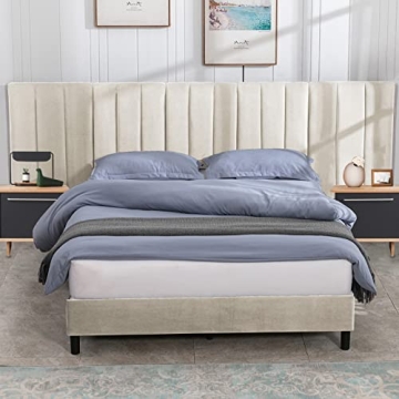 Mjkone Velvet Upholstered Platform Bed Frame, King Bed Frame with Oversized Wingback Headboard, Wood...
