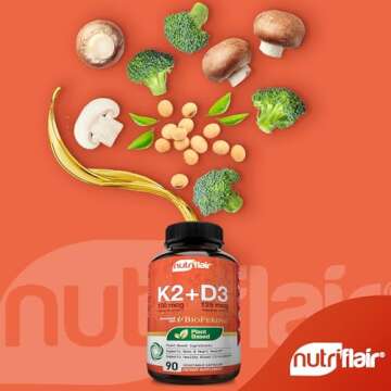 NutriFlair Vitamins D3 (5000iu/125mcg) + K2 (as Mk7) - Made with Plant-Based Ingredients Plus BioPerine Black Pepper Extract, 90 Capsules - Supports Healthy Immune, Heart and Health - Non-GMO Pills