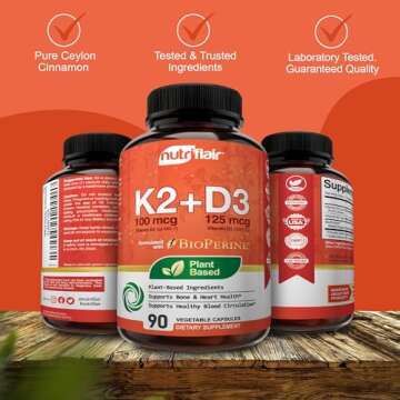 NutriFlair Vitamins D3 (5000iu/125mcg) + K2 (as Mk7) - Made with Plant-Based Ingredients Plus BioPerine Black Pepper Extract, 90 Capsules - Supports Healthy Immune, Heart and Health - Non-GMO Pills