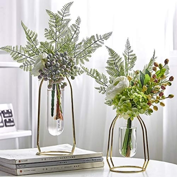 MARATTI 2 Pcs(S+L) Flower Vases with Iron Art Frame, Metal Geometric Flower Vase, Clear Vase Decorat...
