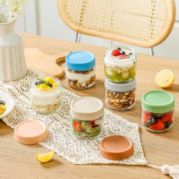 DRKIO 10 Oz Overnight Oats Containers with Lids - 6 Pack Glass Storage Jars with Airtight Lids Wide Mouth Mason Food Jars Great for Meal Prep Salad Chia Pudding Snacks Yogurt Sugar Spice Cereal