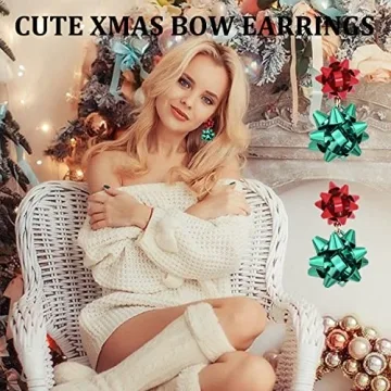 CEALXHENY Christmas Earrings for Women Festive Bow Drop Dangle Earrings Gift Stud Earrings for Women (A Red+Green)