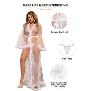 ohyeah Feather Bridal Robe for Wedding Day Plus Size Lingerie Robe with Fur Trim White Lace Maternity Robe Sexy Tulle Fuzzy Robe for Women Nightgowns with Belt M-L
