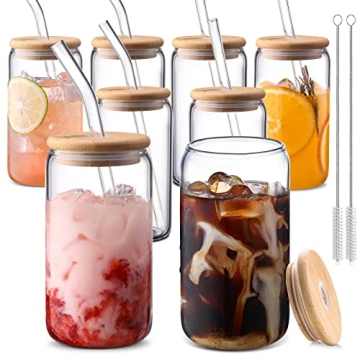 Glass Cups with Lids and Straws 8 pcs,16 oz Glass Iced Coffee Cups with Lids-DWTS Clear Glass Coffee...
