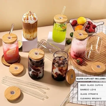 Perfect Glass Cups Set with Lids and Straws 8 Pcs