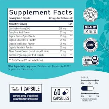 DIM Supplement Complex 250 mg | Estrogen Balance for Women | Hormone Menopause Relief, Hot Flashes & Night Sweats, & Estrogen Metabolism Support Supplements with Dong Quai | Gluten-Free | 60 Ct