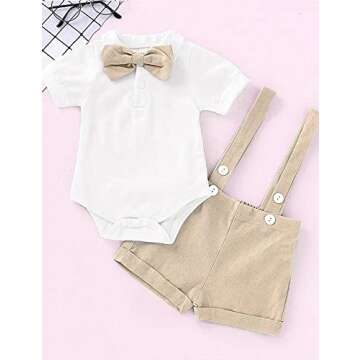 bilison Baby Boy Clothes Gentleman Bowtie Romper and Overalls Suspenders Pants Wedding Tuxedo Outfits(beige,0-6m)