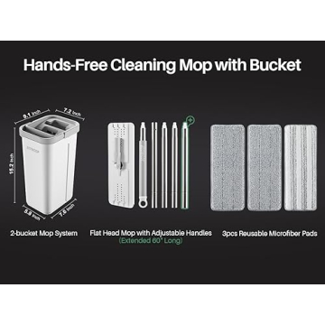 JOYMOOP Mop and Bucket with Wringer Set, Hands Free Flat Floor Mop and Bucket, 60" Mop with 3 Reusable Microfiber Pads, Wet and Dry Use, Floor Cleaning System