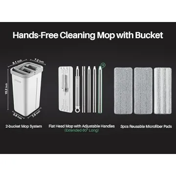 JOYMOOP Mop and Bucket with Wringer Set, Hands Free Flat Floor Mop and Bucket, 60" Mop with 3 Reusable Microfiber Pads, Wet and Dry Use, Floor Cleaning System