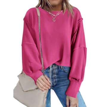 Nirovien Womens Oversized Crewneck Sweatshirt Side Slit Long Sleeve Pullover Slouchy Fit Tops(Hot Pi...