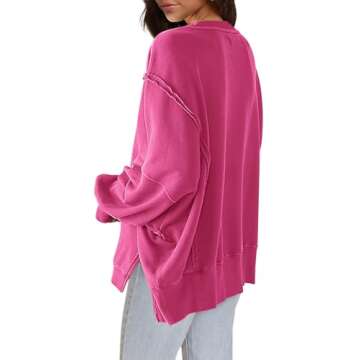 Nirovien Womens Oversized Crewneck Sweatshirt Side Slit Long Sleeve Pullover Slouchy Fit Tops(Hot Pink,L)