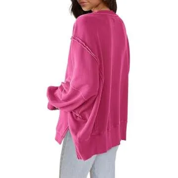 Nirovien Womens Oversized Crewneck Sweatshirt Side Slit Long Sleeve Pullover Slouchy Fit Tops(Hot Pink,L)