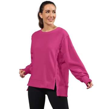 Nirovien Womens Oversized Crewneck Sweatshirt Side Slit Long Sleeve Pullover Slouchy Fit Tops(Hot Pink,L)