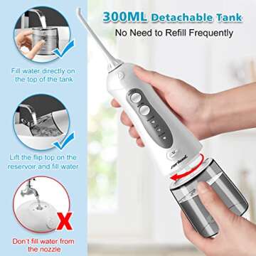 Water Flosser Cordless Teeth Cleaner, Professional Wate Flosser Oral Care for Braces Bridges Care IPX7 Waterproof Dental Flosser with 4 Interchangeable Jet Tips, Detachable Water Tank for Home Travel