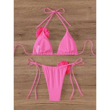 OYOANGLE Women's Bikini Set 2 Piece Floral Appliques Tie Backless Halter Triangle Swimsuit Tie Side ...