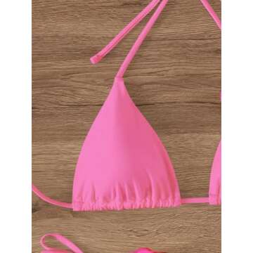 OYOANGLE Women's Bikini Set 2 Piece Floral Appliques Tie Backless Halter Triangle Swimsuit Tie Side Bathing Suits Pure Pink Large