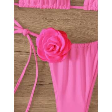 OYOANGLE Women's Bikini Set 2 Piece Floral Appliques Tie Backless Halter Triangle Swimsuit Tie Side Bathing Suits Pure Pink Large