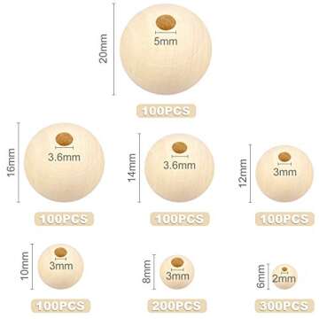 1000 Pcs Wooden Beads Natural Unfinished Wood Beads for Crafts, 7 Sizes Beads for Jewelry Making, Garland, Home/Farmhouse Decor and DIY - 6mm, 8mm, 10 mm, 12 mm, 14mm, 16mm, 20mm