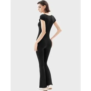 PUMIEY Black Jumpsuits for Women Short Sleeve Unitard Bodycon Workout Romper One Piece Outfits Jet Black Small