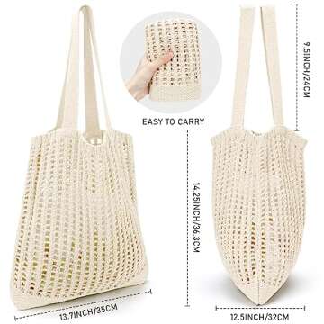 hatisan Crochet Tote Bag for Women Tote Bag Aesthetic Crochet Beach Bag Hobo Bag Hippie Bag Summer Bag(B-Beige)