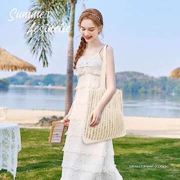 hatisan Crochet Tote Bag for Women Tote Bag Aesthetic Crochet Beach Bag Hobo Bag Hippie Bag Summer Bag(B-Beige)