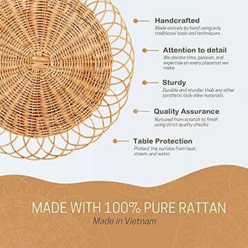Rattan Woven Placemats - 13.4IN. Round Placemats Made Entirely of Natural Pure Rattan - Durable and Sturdy Wicker Placemats, Place Mats Indoor Set of 6, Jute Placemats - Minimalist Farmhouse Design