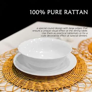 Rattan Woven Placemats - 13.4IN. Round Placemats Made Entirely of Natural Pure Rattan - Durable and Sturdy Wicker Placemats, Place Mats Indoor Set of 6, Jute Placemats - Minimalist Farmhouse Design