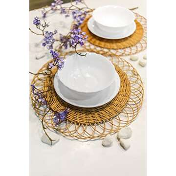 Rattan Woven Placemats - 13.4IN. Round Placemats Made Entirely of Natural Pure Rattan - Durable and Sturdy Wicker Placemats, Place Mats Indoor Set of 6, Jute Placemats - Minimalist Farmhouse Design