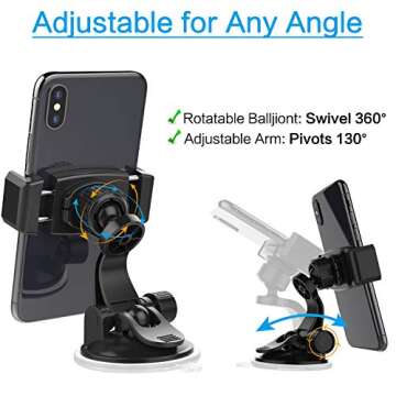 APPS2Car Suction Cup Phone Holder for Car with Adjustable Arm, Low Profile Dashboard Phone Mount Compact Windshield Window Dash Mobile Stand Compatible w/All iPhone and Android Cell Phones