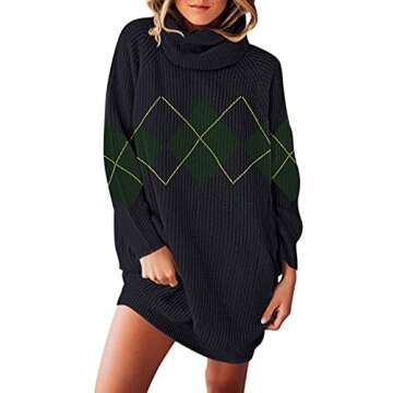 Pink Queen Women's Turtleneck Sweater Dresses Checkered Oversize Pullover Tunic Knit Mini Dress S