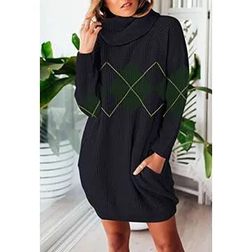 Pink Queen Women's Turtleneck Sweater Dresses Checkered Oversize Pullover Tunic Knit Mini Dress S