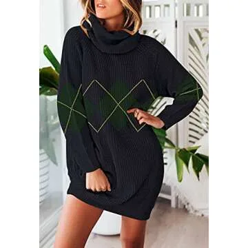 Pink Queen Women's Turtleneck Sweater Dresses Checkered Oversize Pullover Tunic Knit Mini Dress S