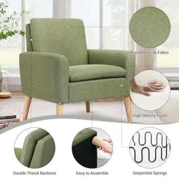 Lohoms Mid Century Modern Fabric Accent Chair Single Sofa Comfy Upholstered Arm Chair Living Room Furniture, Green