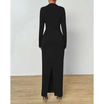 BTFBM Women Bodycon Maxi Dress Long Sleeve Back Slit Ruched Elegant Party Cocktail Formal Fall Wedding Guest Dresses(Solid Black, Large)